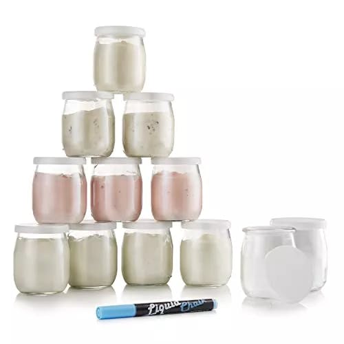 Monboco | Juego de 12 Vasos yogurtera de cristal con tapa hermética | para yogurtera y robot de cocina (thermomix
