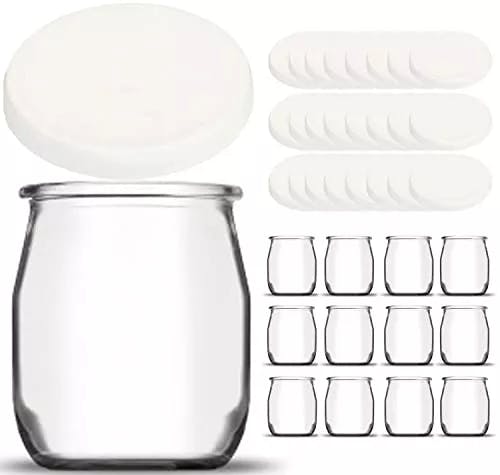 SPECIAL-DAY 12 Vasos yogurtera de Cristal con 24 Tapa plastico hermetico sin BPA-Botes Vaso para máquinas de Yogur-multicocina-Tarros de Conservación para Bebé-143ml/125g (12 Yogurt 24 Tapas)