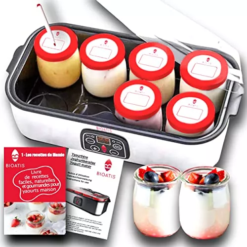 Mejoradora de la yogurtera compacta. Incluye un recetario económico. Etiquetas por tapa y marcador incluidos. 8 tarros de vidrio de 180 ml sin BPA. Temporizador y apagado automático.