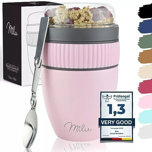 Milu Taza para muesli to go 400ml acero inoxidable I Vaso con 2 Partes para sopas ensaladas Pasta Yogur postres - aso de yogur a prueba de derrames con cuchara (Rosa)